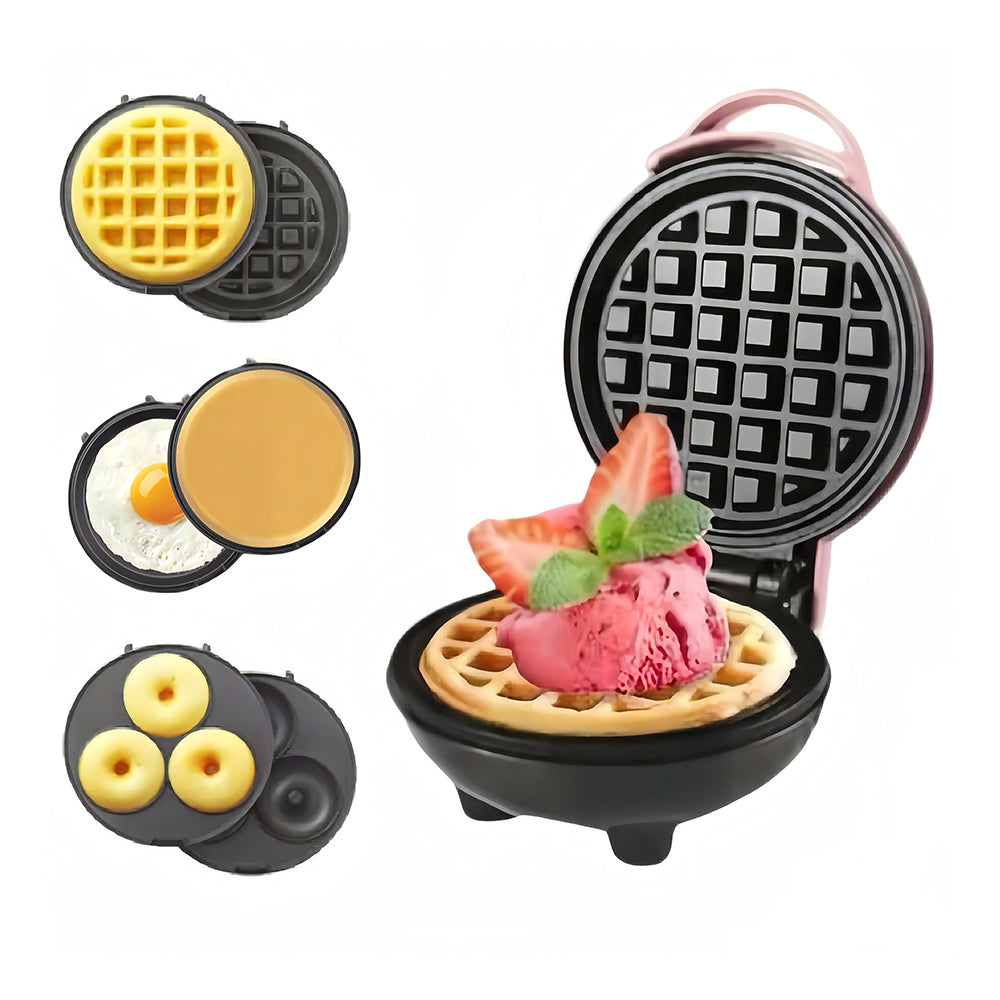 3-in-1 Mini Waffle Maker with Removable Plates for Waffles, Donuts & Pancakes