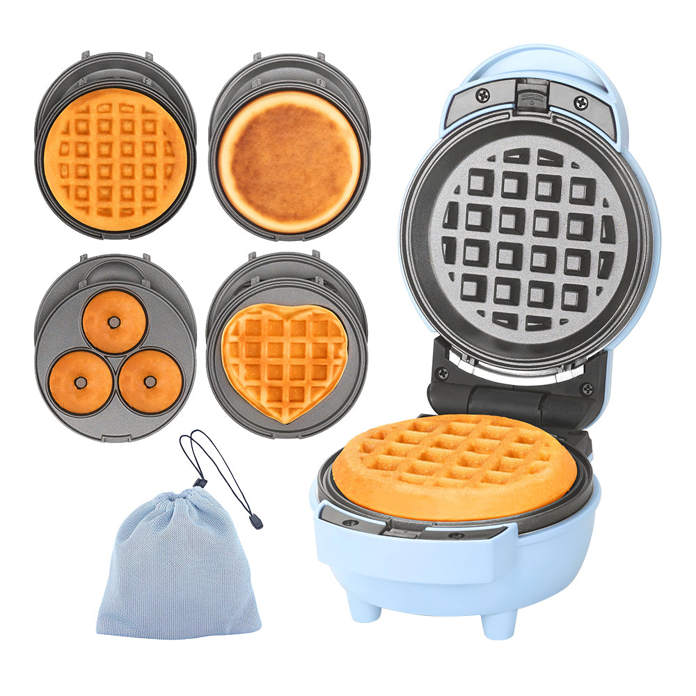 4-in-1 Mini Waffle Maker with Removable Plates for Waffles, Donuts & Pancakes
