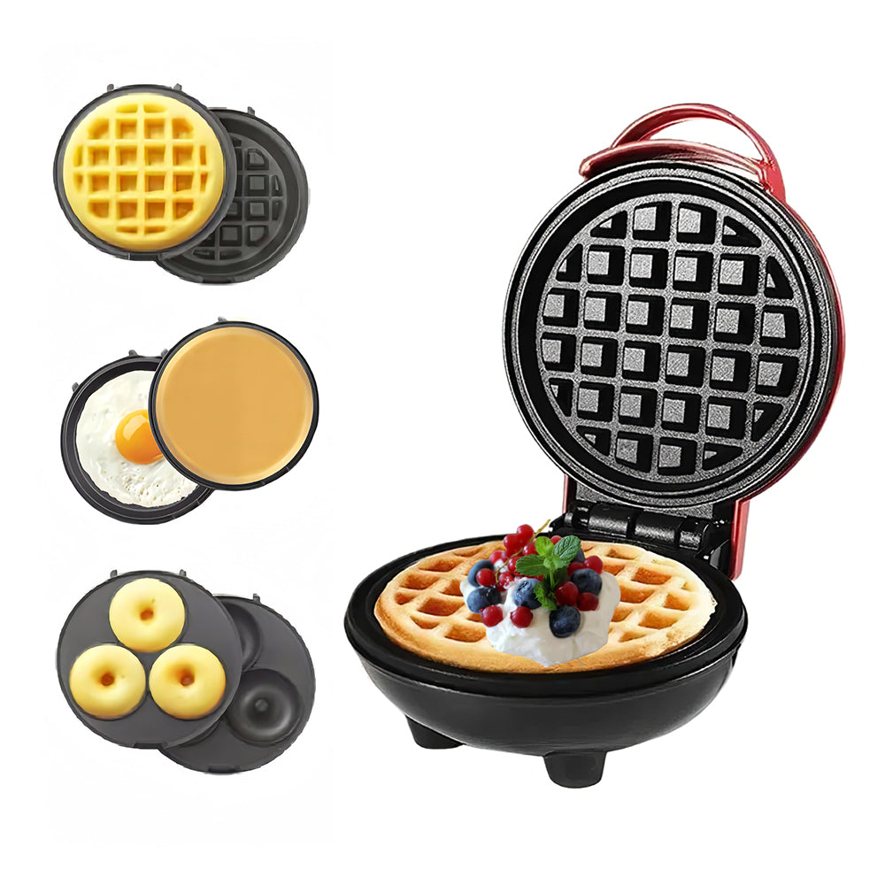 3-in-1 Mini Waffle Maker with Removable Plates for Waffles, Donuts & Pancakes